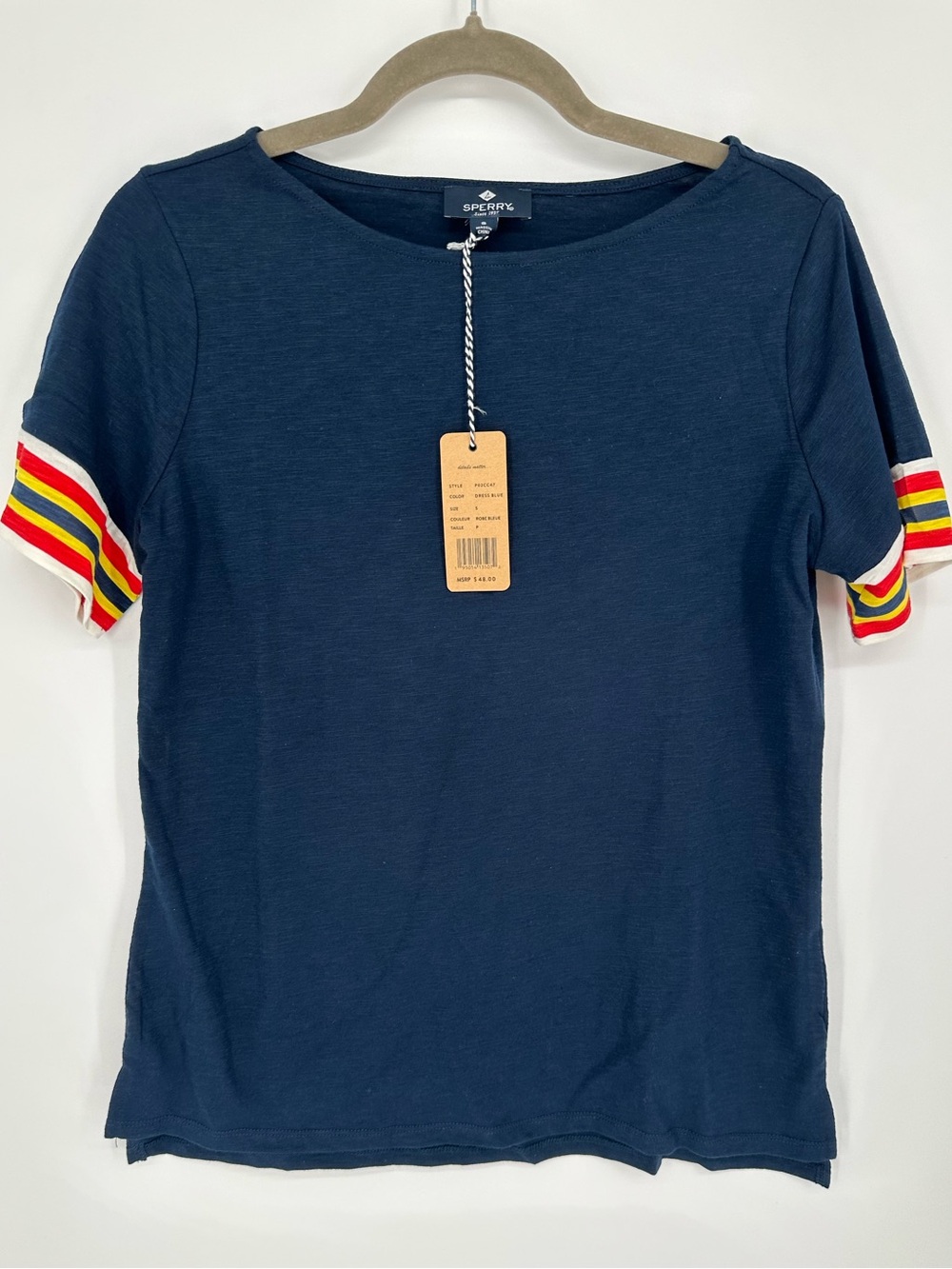 NWT Sperry Dress Blue Striped Sleeve Nautical Tee Top Size S